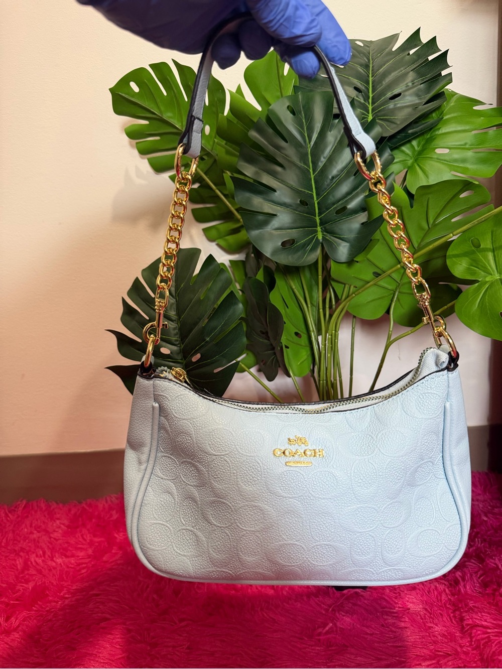 Coach Light Blue Pebbled Leather Shoulder Bag with Gold Chain